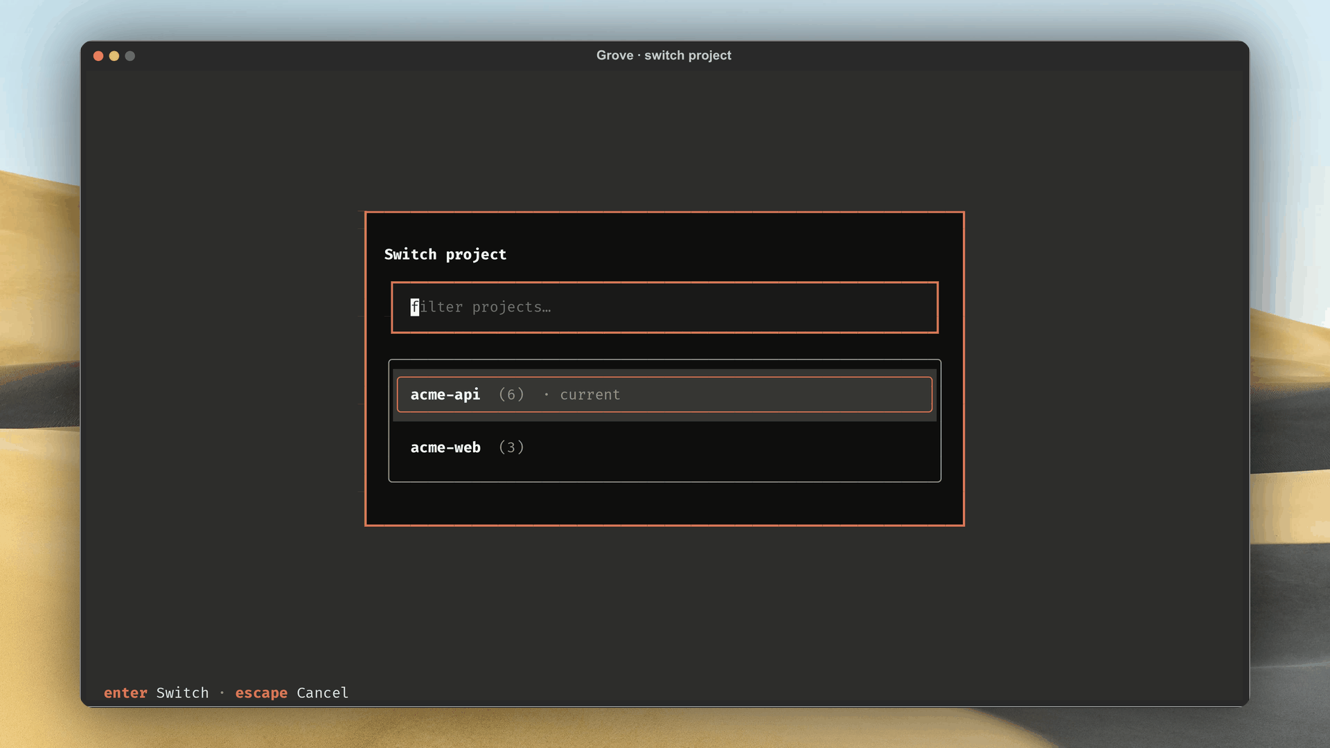 Project switcher listing two repositories with workspace counts and a current tag