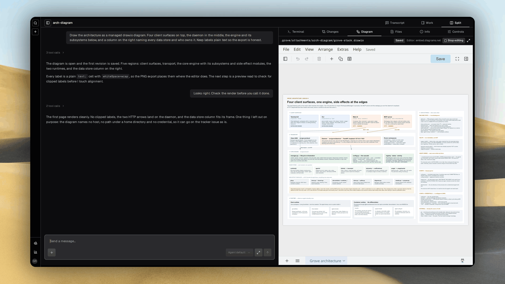 A Grove workspace page split in two: the agent transcript on the left reporting a diagram revision, and the Diagram tab on the right rendering an architecture diagram in the embedded draw.io editor